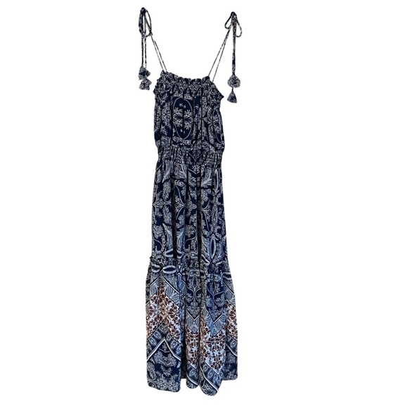 Misa Los Angeles Smocked Midi Dress Navy Multi Print Small NWT Boho Festival - Picture 2 of 5